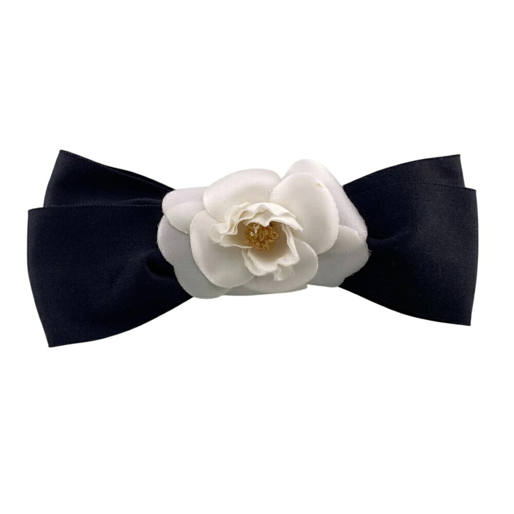 CHANEL Ribbon Barrette Flower Camellia Hair Clip Black